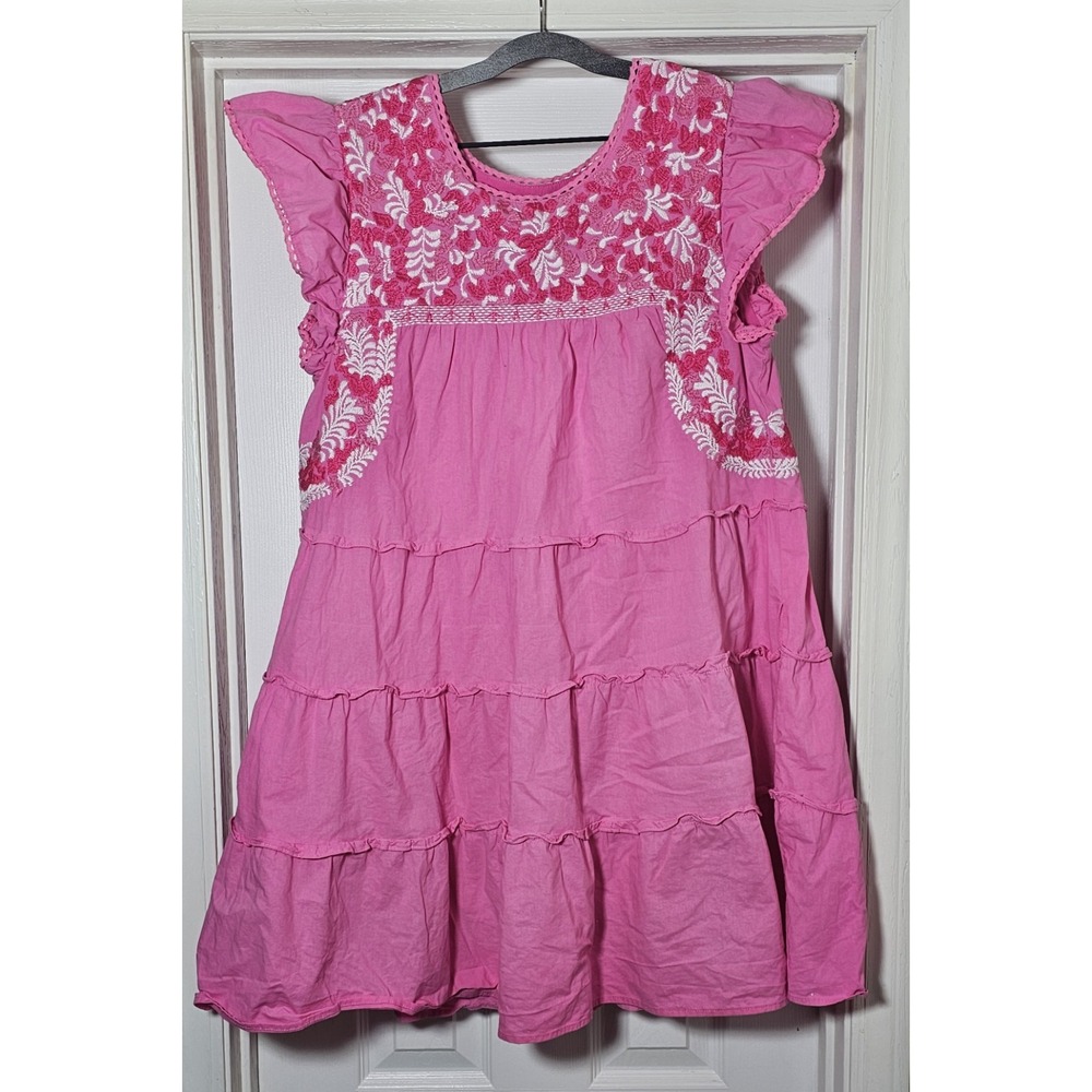 J. Marie Pink Embroidery Tiered Dress Size Medium‎ Ruffle Short Sleeves Pink